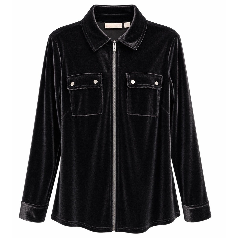 Belle by Kim Gravel Black Velour Jacket Y2K Utility Zip Front 90s Velvet Small